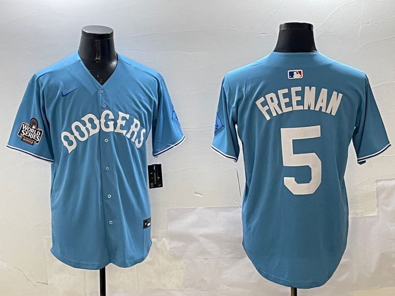 Men Los Angeles Dodgers #5 Freeman Light Blue Throwback Game 2025 Nike MLB Jersey style 14